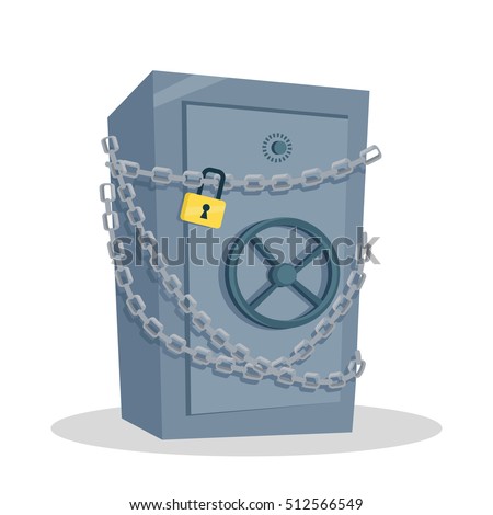 Security cash savings concept. Flat design. Protect your money idea visualization. Icon for banking, security services, safe shops. Big steel safe coiled chains illustration. On white background.