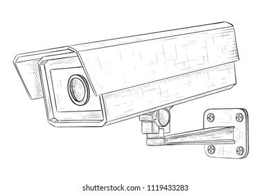 Security cctv camera. Hand drawn sketch. Vector illustration isolated on white background