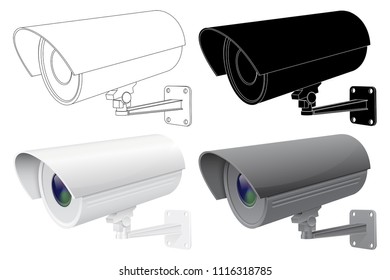 Security CCTV camera. Outline drawing, black silhouette and 3d model. Vector illustration isolated on white background