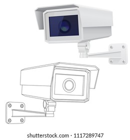Security CCTV camera. Outline drawing and 3d model. Vector illustration isolated on white background