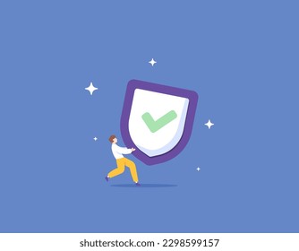 Servicio de centro de seguridad. sistema de protección. Un hombre o usuario es feliz y corre mientras lleva o sujeta un escudo. seguro y fiable. protección, seguro y garantía. Ilustración de concepto de diseño. vector