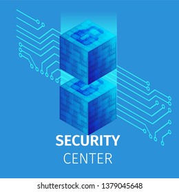 Security Center Square Banner. Big Data Processing, Cloud Database, Server Energy Station. Digital Information Technologies on Blue Neon Glowing Gradient Background. 3D Isometric Vector Illustration