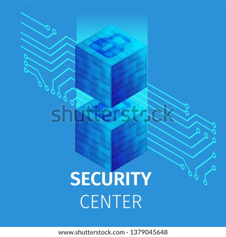 Security Center Square Banner. Big Data Processing, Cloud Database, Server Energy Station. Digital Information Technologies on Blue Neon Glowing Gradient Background. 3D Isometric Vector Illustration