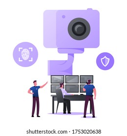 Security Characters Monitoring Surveillance System, Technology for Protection Property. Men at Huge Video Camera Looking at Multiple Monitors Control Environment. Cartoon People Vector Illustration