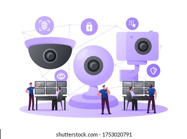 Security Characters Monitoring Surveillance System, Burglary Prevention. Tine Men at Huge Video Camers Looking at Multiple Monitors Controlling, Analyzing Situation. Cartoon People Vector Illustration