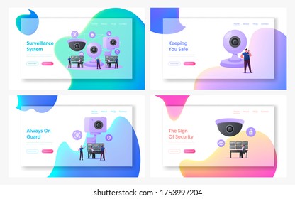 Juego de plantillas de la página de inicio del sistema de vigilancia de caracteres de seguridad. Pequeños hombres en una enorme cámara de video miren el control y análisis de la situación de múltiples monitores. Ilustración de vectores de personas de caricatura