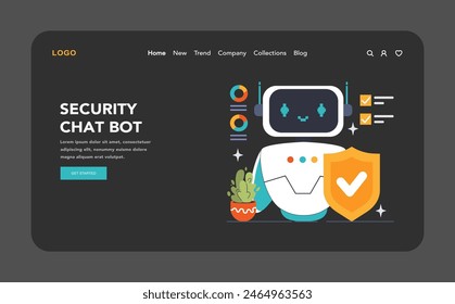 Security Chat Bot dark or night mode web, landing. Digital guardian bot with protective shield, data safety and cyber protection. Enhanced online security. Flat vector illustration