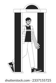 Comprobación de seguridad aeropuerto bw ilustración de punto vector. Hombre árabe que pasa un detector de metal máquina 2D caricatura de línea plana monocromática para el diseño de interfaz de usuario web. Imagen de héroe de contorno aislado editable