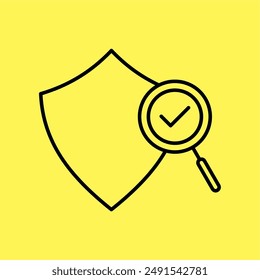 control de seguridad completado icono, lupa y escudo símbolo. línea Vector aislado sobre fondo amarillo. diseño moderno y moderno