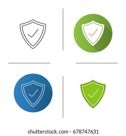 Security check icon. Flat design, linear and glyph color styles. Protection shield with tick mark. Isolated vector illustrations