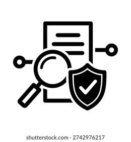 Security check icon with shield magnifying glass and document for protection and verification concept