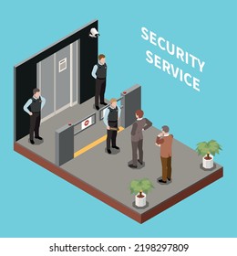 Security check isometric composition with office guards staff scanning visitors body using metal detector vector illustration