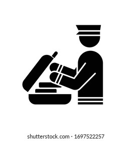 Security check luggage flat design long shadow glyph icon. Safe control for baggage. Passenger bag inspection. Police officer duty. Silhouette symbol on white space. Vector isolated illustration