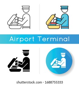 Security check luggage icon. Safe control for baggage. Passenger bag inspection. Suitcase custom check before airplane departure. Linear black and RGB color styles. Isolated vector illustrations