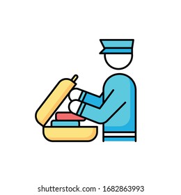 Security check luggage RGB color icon. Safe control for baggage. Passenger bag inspection. Suitcase custom check before airplane departure. Police officer duty. Isolated vector illustration