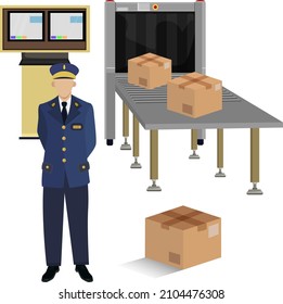 Security check pacels, boxes. Luggage is checked at the airport. Tape portal for reliable security of a transport airport. Computer baggage tracking officer. Сustoms control.