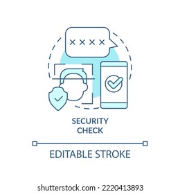 Icono de concepto turquesa de verificación de seguridad. Banca en línea. Ilustración de línea delgada de idea abstracta de protección de datos personales. Dibujo de contorno aislado. Trazo editable. Fuentes Arial, Myriad Pro-Bold utilizadas