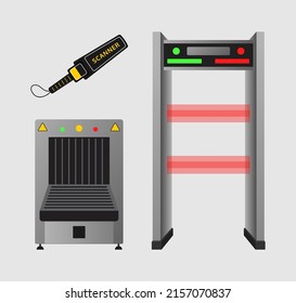 Security checkpoint elements flat vector illustrations set. Metal detector gate, X-ray scanner for luggage or baggage in airport isolated on grey background. Security, traveling concept