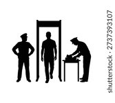 Security checkpoint featuring a metal detector and two officers