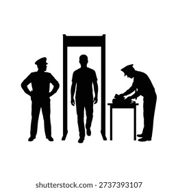 Security checkpoint featuring a metal detector and two officers