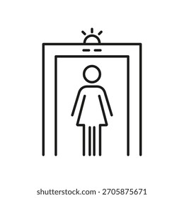 Security Checkpoint With Female Figure Line Icon. Airport Screening, Metal Detector, And Security Alert Outline Symbol. Safety Inspection Process. Editable Stroke. Isolated Vector Illustration.