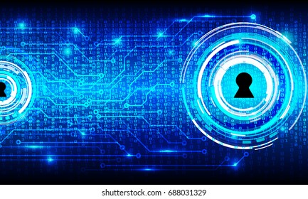 Security Circuit Board With Binary Code Vector Background. Blue Hi Tech Abstract Circle Keyhole Panel Virus Protection Concept Illustration.