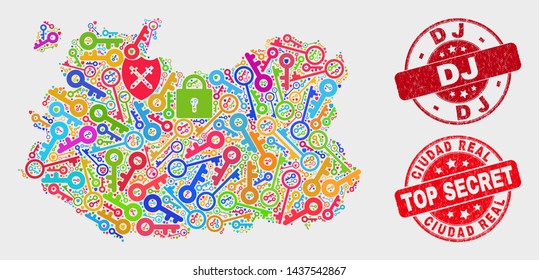 Security Ciudad Real Province map and watermarks. Red round Top Secret and Dj distress watermarks. Colored Ciudad Real Province map mosaic of different guard symbols.