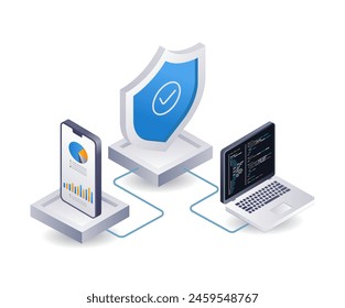 Analista de datos del servidor de la nube de la seguridad, ilustración 3d infográfica isométrica plana