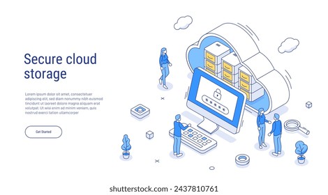 Security cloud storage. Internet security isometric concept. Isometric concept protection network and data. Data security, protection, management, server, access. 3d isometric vector illustration.