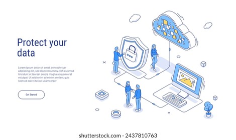 Security cloud storage. Internet security isometric concept. Isometric concept protection network and data. Data security, protection, management, server, access. 3d isometric vector illustration.