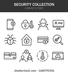 Security collection linear icons in black on a white background