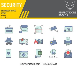 Security color line icon set, network protection collection, vector sketches, logo illustrations, security icons, cyber security signs filled outline pictograms, editable stroke