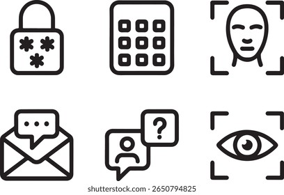Ícones de segurança e comunicação que representam proteção digital e símbolos de contato com varredura de rosto, teclado, varredura de olhos e mensagens