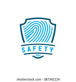 Security company vector logo. Fingerprint shield business safety company emblem.