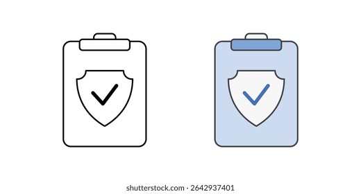 Security compliance report icon with a clipboard, checkmark, and shield, in outline and color styles, ideal for illustrating cloud audits, regulatory compliance, and IT security assessments.