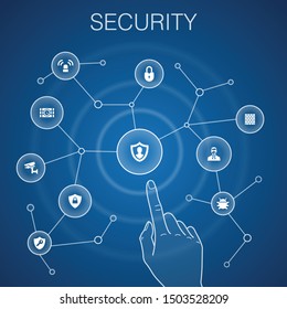 Security concept, blue background. protection, security camera, key, bomb icons