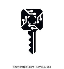 Security concept. Circuit board key logo icon on the digital high tech style vector background.