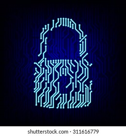 Security Concept. Circuit Board Lock Logo Icon On The Digital High Tech Style Vector Background.