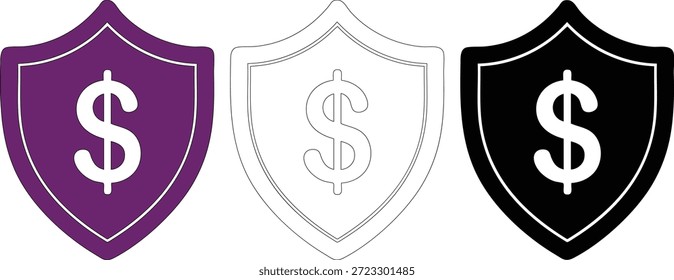 Conceito de segurança para gestão de moeda e patrimônio. Emblema do escudo de segurança do dinheiro com marca da moeda. Conjunto profissional para marcas de seguradoras e recursos de segurança de carteira digital.
