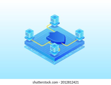 IT security concept for data centers. Isometric 3d vector illustration of security symbol and connected servers.
