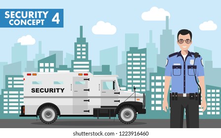 Security concept. Detailed illustration of armored car and security guard on background with cityscape in flat style. Vector illustration.