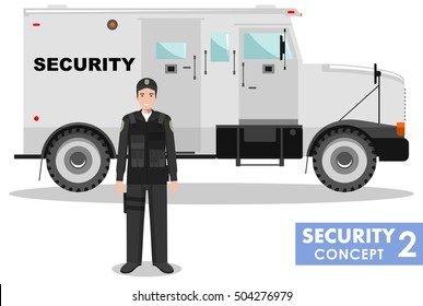 Security concept. Detailed illustration of armored car and security guard on white background in flat style. Vector illustration.