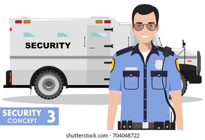 Security concept. Detailed illustration of armored car and security guard on white background in flat style. Vector illustration.