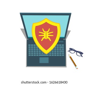 Security concept: a digital laptop on the table with a virus alert. Vector illustration of a flat style.