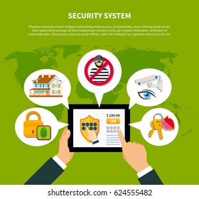 Security concept with financial and home security symbols flat vector illustration