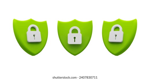 Security Concept with Green Shields and Padlocks, Representing Data Protection, Privacy, and Cybersecurity Measures. Vector stock illustration