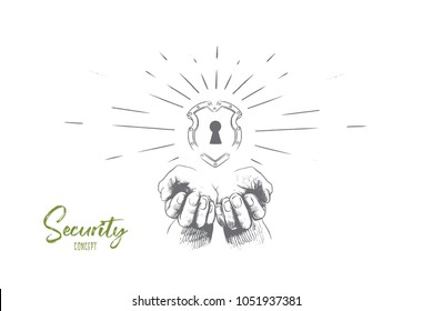Security concept. Hand drawn human hands with security icon shield. Lock security icon isolated vector illustration.