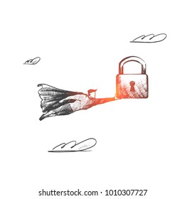 Security concept. Hand drawn superhero with big lock in his hand. Flying hero holds symbol of protection isolated vector illustration.