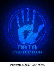 Security concept: hand print and data protection on digital screen