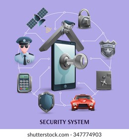  Security  concept icons set    with elements  of alarm system vector illustration
